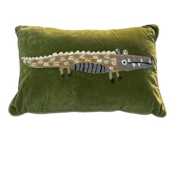 Green Velvet Crocodile Embroidered Accent Pillow 21x14 Alligator - Picture 2 of 6